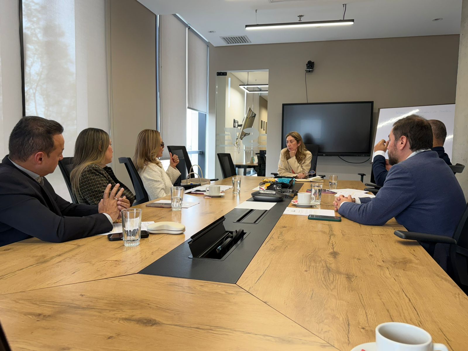 Asistentes a la reunión de CONALTER con la Superintendencia de Transporte alrededor de una mesa